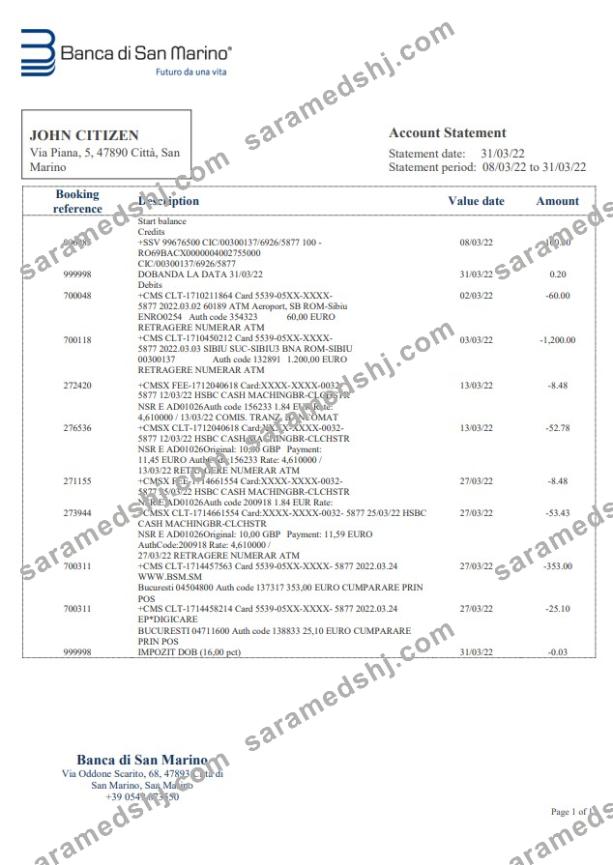 San Marino Banca di San Marino bank statement